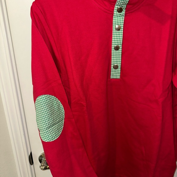 Ellie Crewneck Red with Button Accent - Patch Elbow and Pockets - Picture 3 of 4